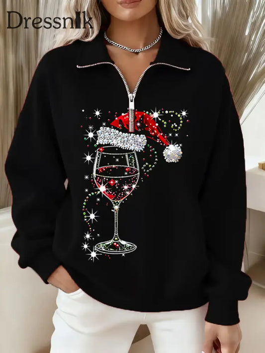 Damen Weihnachts weihnachts mann Hut Weinglas Langarm Reiß verschluss Sweatshirt Schwarz / S