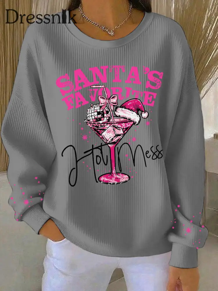 Damen Weihnachts mann Lieblings bedrucktes geripptes Rundhals-Sweatshirt Grau / S
