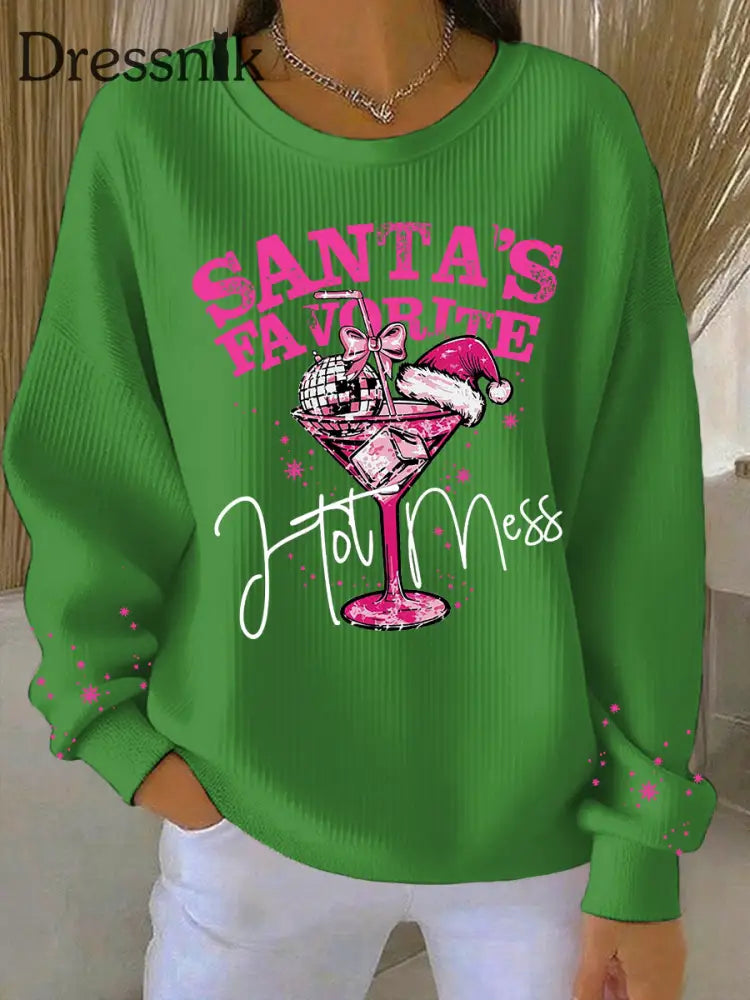 Damen Weihnachts mann Lieblings bedrucktes geripptes Rundhals-Sweatshirt Grün / S