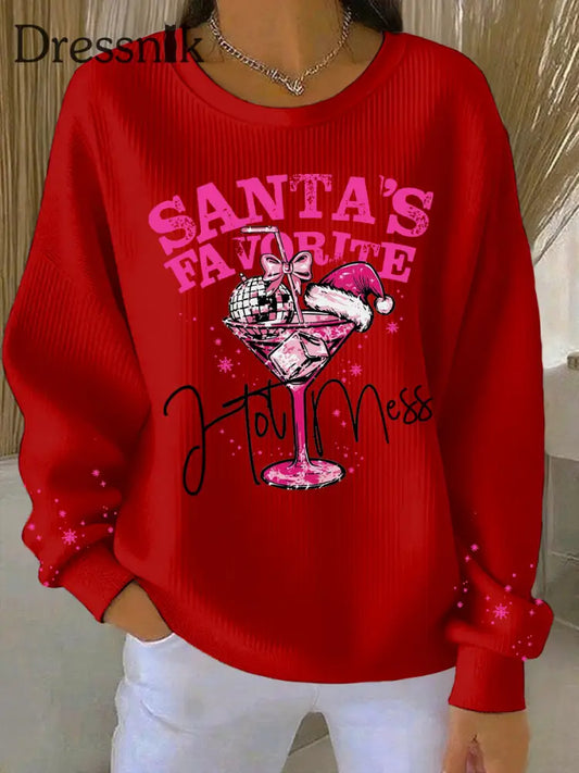 Damen Weihnachts mann Lieblings bedrucktes geripptes Rundhals-Sweatshirt Rot / S