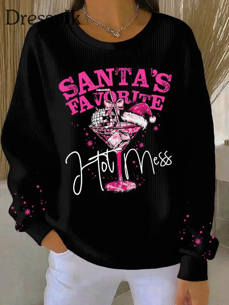 Damen Weihnachts mann Lieblings bedrucktes geripptes Rundhals-Sweatshirt Schwarz / S