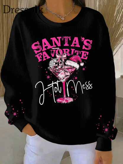 Damen Weihnachts mann Lieblings bedrucktes geripptes Rundhals-Sweatshirt Schwarz / S