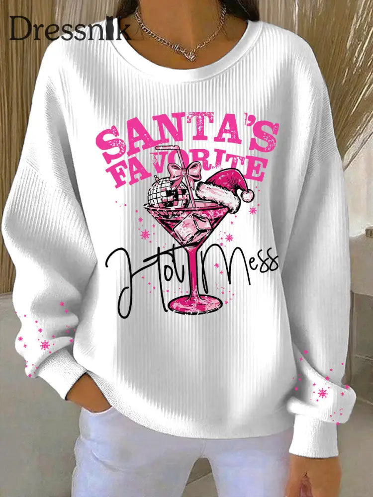 Damen Weihnachts mann Lieblings bedrucktes geripptes Rundhals-Sweatshirt Weiß / S