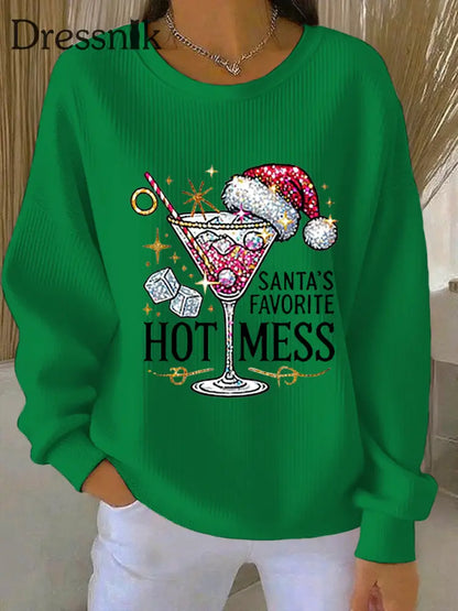 Damen Weihnachts mann Lieblings-Hot Mess Print lässig geripptes Sweatshirt mit Rundhals ausschnitt Grün / S