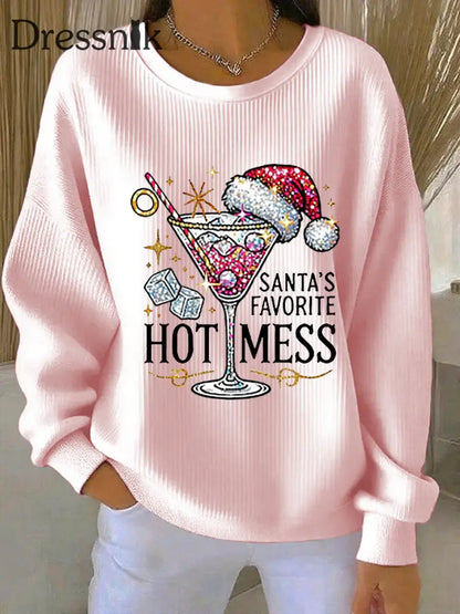 Damen Weihnachts mann Lieblings-Hot Mess Print lässig geripptes Sweatshirt mit Rundhals ausschnitt Hellrosa / S