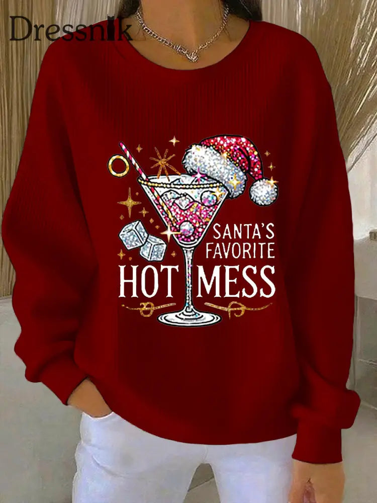 Damen Weihnachts mann Lieblings-Hot Mess Print lässig geripptes Sweatshirt mit Rundhals ausschnitt Weinrot / S