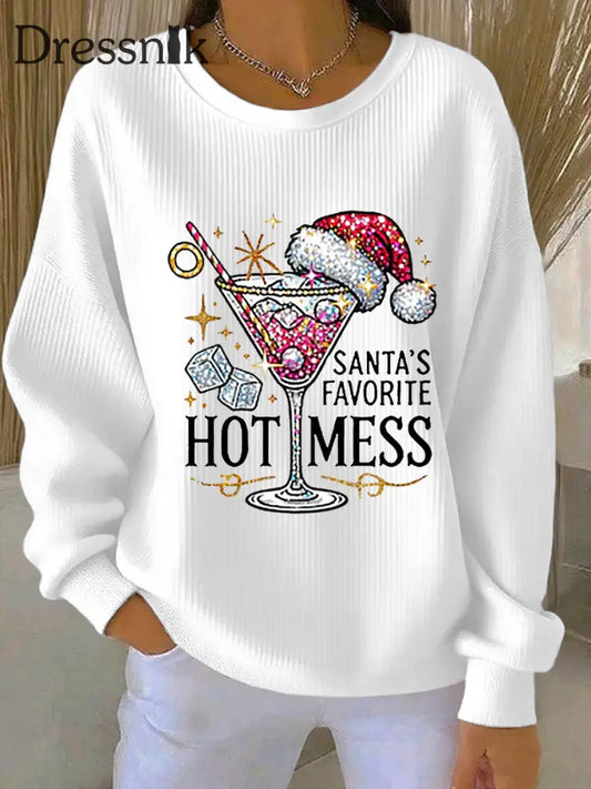 Damen Weihnachts mann Lieblings-Hot Mess Print lässig geripptes Sweatshirt mit Rundhals ausschnitt Weiß / S