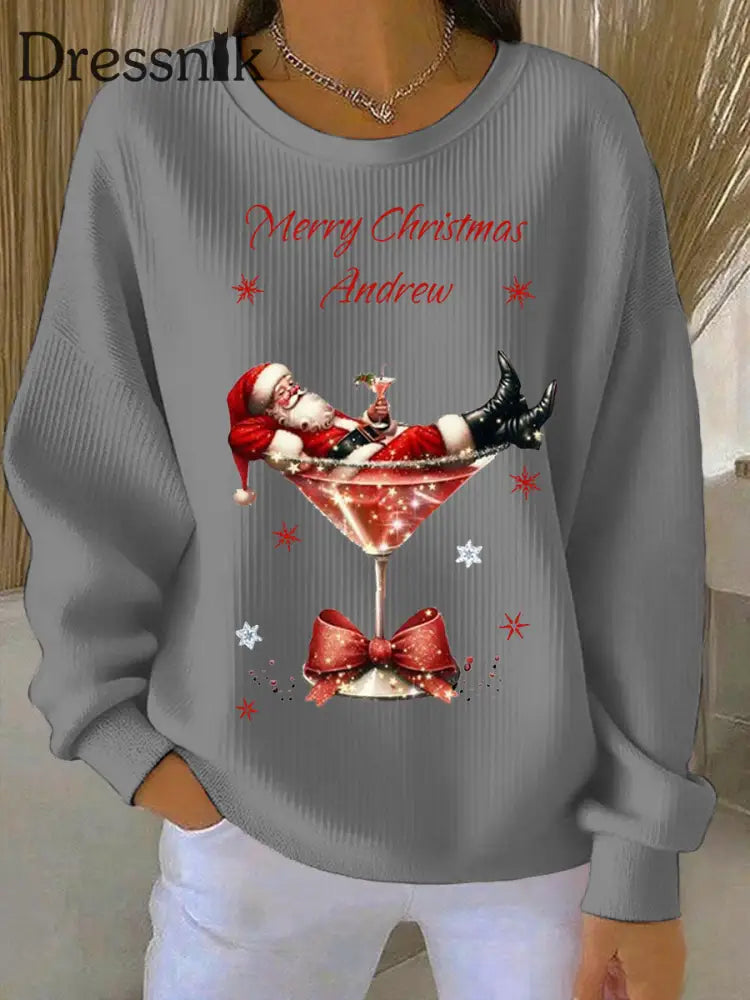 Damen Weihnachts mann und Weinglas Druck Geripptes Rundhals-Sweatshirt Grau / S