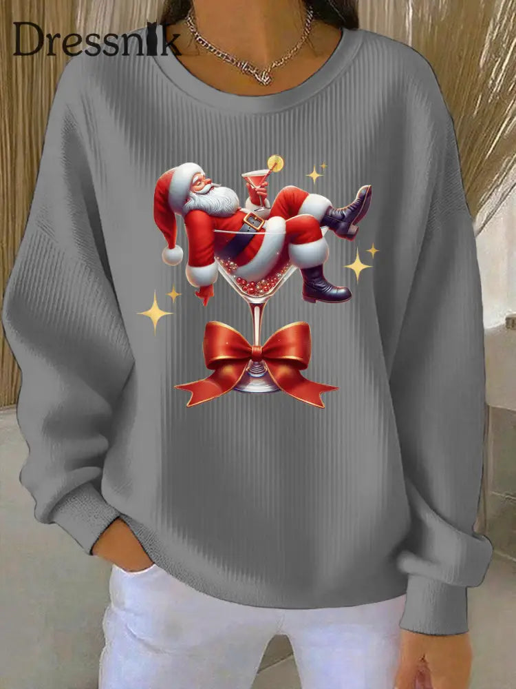 Damen Weihnachts mann und Weinglas Druck Geripptes Rundhals-Sweatshirt Grau / S