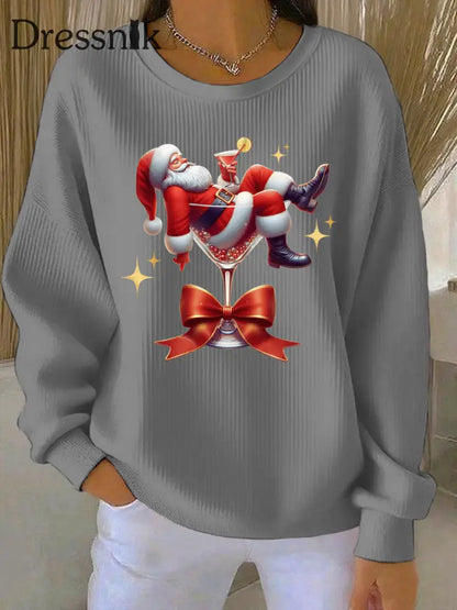 Damen Weihnachts mann und Weinglas Druck Geripptes Rundhals-Sweatshirt Grau / S