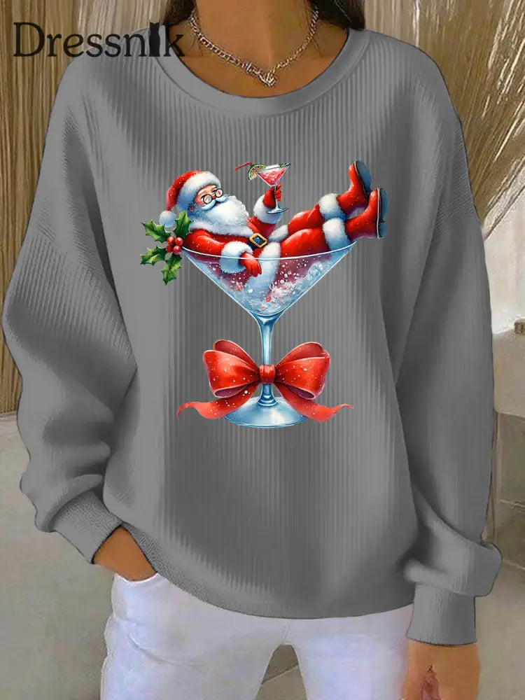 Damen Weihnachts mann und Weinglas Druck Geripptes Rundhals-Sweatshirt Grau / S