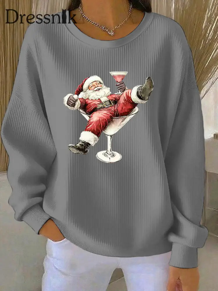 Damen Weihnachts mann und Weinglas Druck Geripptes Rundhals-Sweatshirt Grau / S