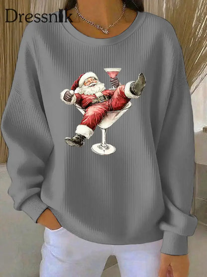 Damen Weihnachts mann und Weinglas Druck Geripptes Rundhals-Sweatshirt Grau / S