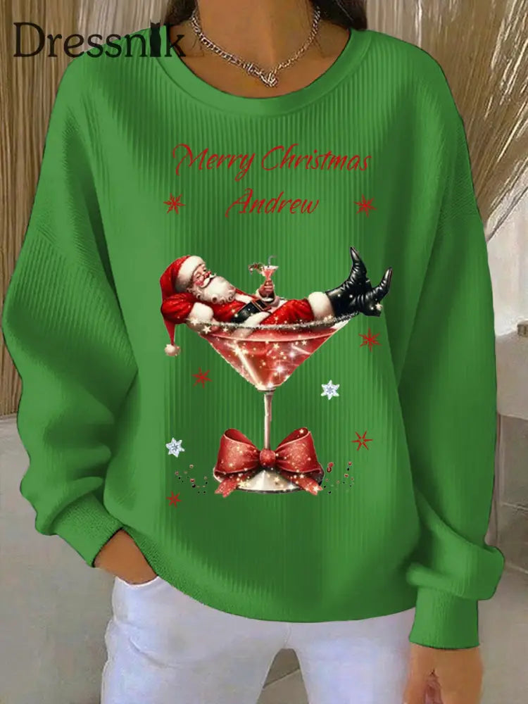 Damen Weihnachts mann und Weinglas Druck Geripptes Rundhals-Sweatshirt Grün / S