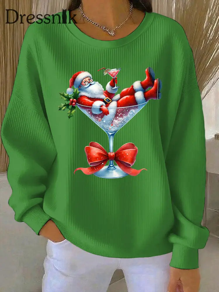 Damen Weihnachts mann und Weinglas Druck Geripptes Rundhals-Sweatshirt Grün / S