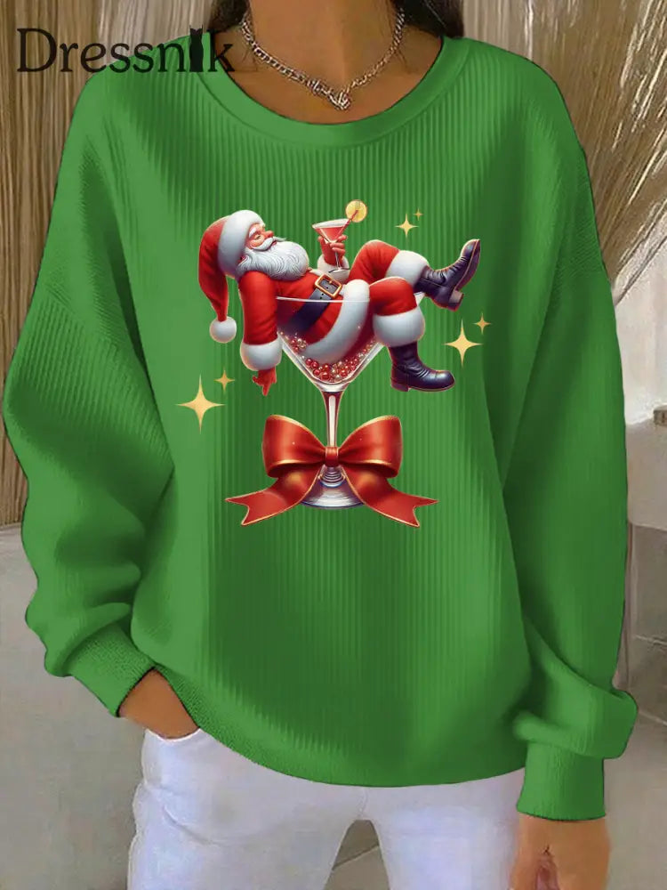 Damen Weihnachts mann und Weinglas Druck Geripptes Rundhals-Sweatshirt Grün / S