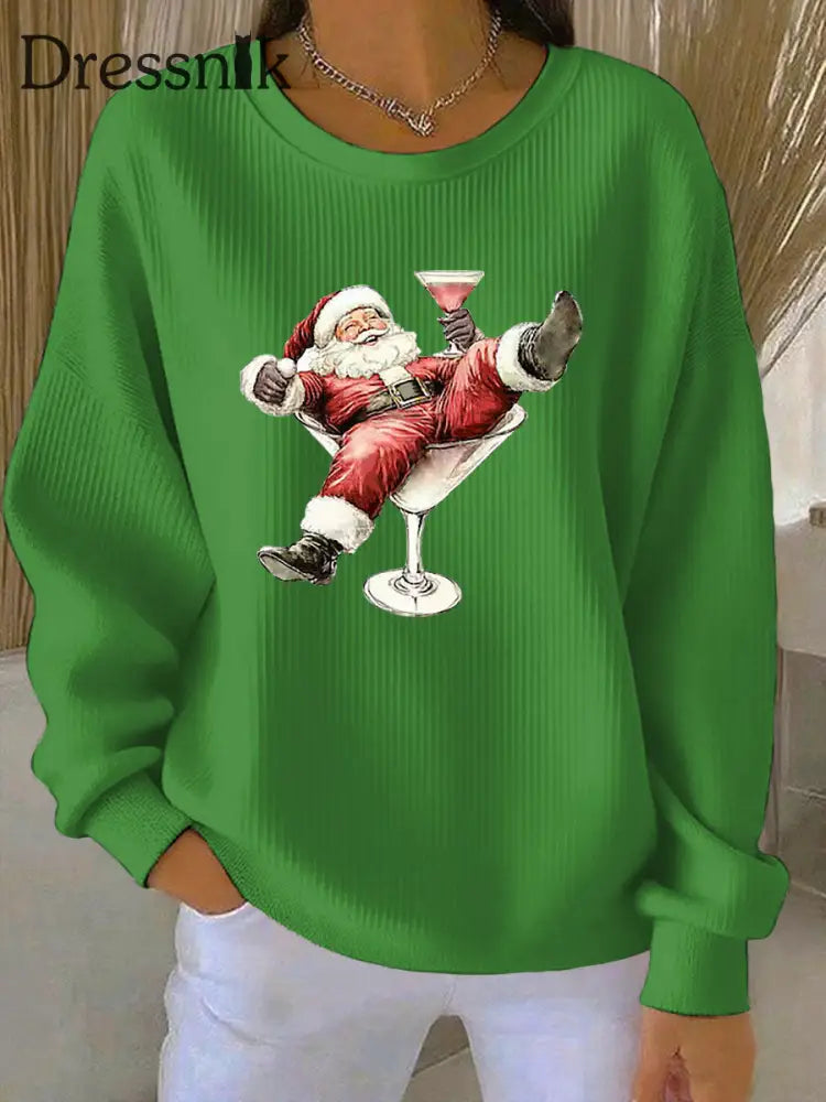 Damen Weihnachts mann und Weinglas Druck Geripptes Rundhals-Sweatshirt Grün / S