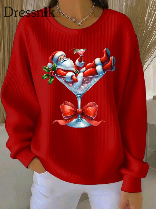 Damen Weihnachts mann und Weinglas Druck Geripptes Rundhals-Sweatshirt Rot / S