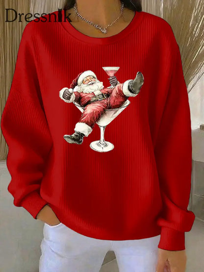 Damen Weihnachts mann und Weinglas Druck Geripptes Rundhals-Sweatshirt Rot / S