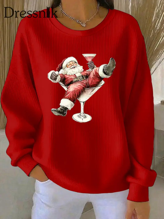 Damen Weihnachts mann und Weinglas Druck Geripptes Rundhals-Sweatshirt Rot / S