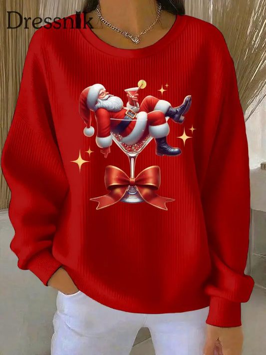 Damen Weihnachts mann und Weinglas Druck Geripptes Rundhals-Sweatshirt Rot / S