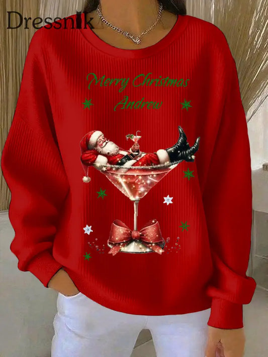 Damen Weihnachts mann und Weinglas Druck Geripptes Rundhals-Sweatshirt Rot / S