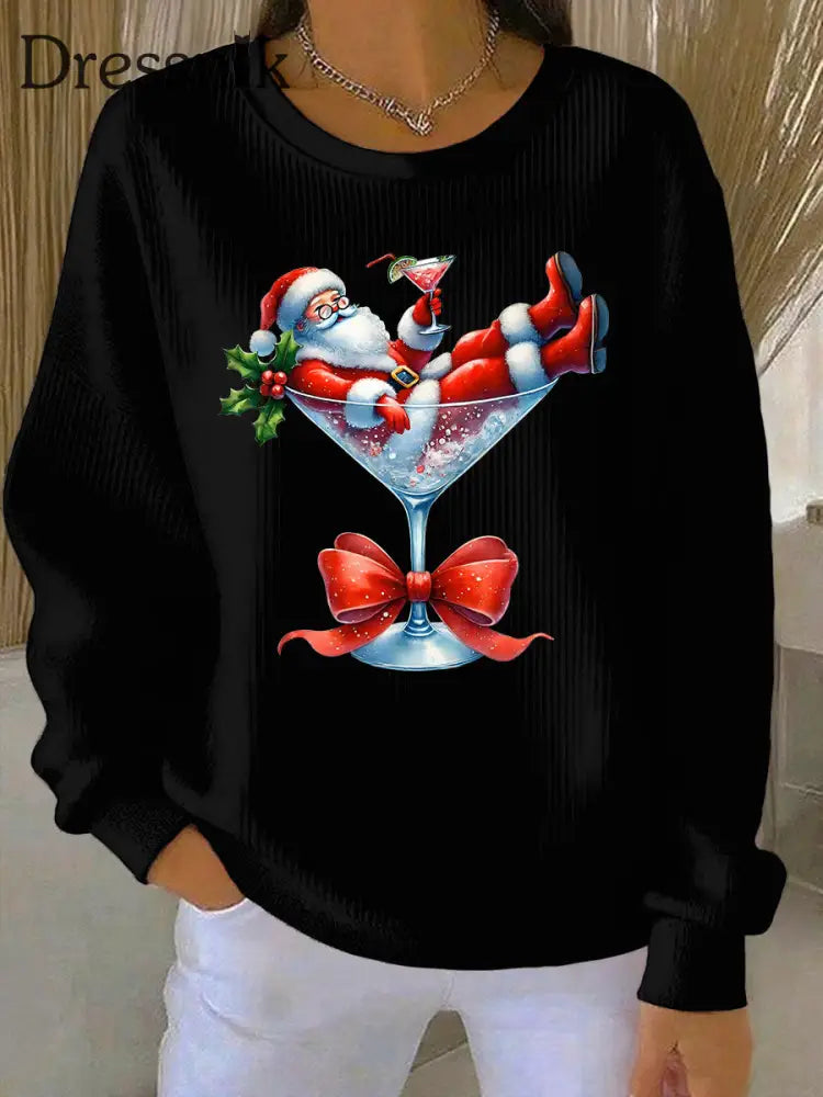 Damen Weihnachts mann und Weinglas Druck Geripptes Rundhals-Sweatshirt Schwarz / S