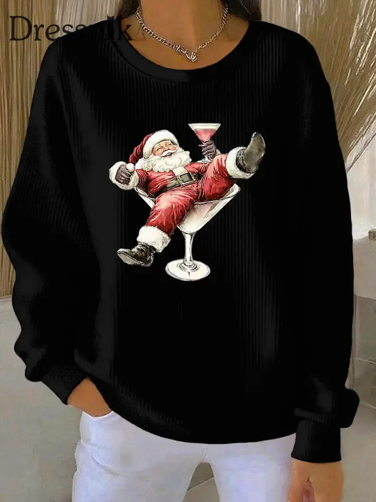 Damen Weihnachts mann und Weinglas Druck Geripptes Rundhals-Sweatshirt Schwarz / S