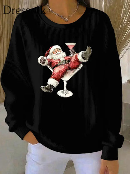 Damen Weihnachts mann und Weinglas Druck Geripptes Rundhals-Sweatshirt Schwarz / S