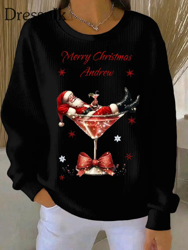 Damen Weihnachts mann und Weinglas Druck Geripptes Rundhals-Sweatshirt Schwarz / S