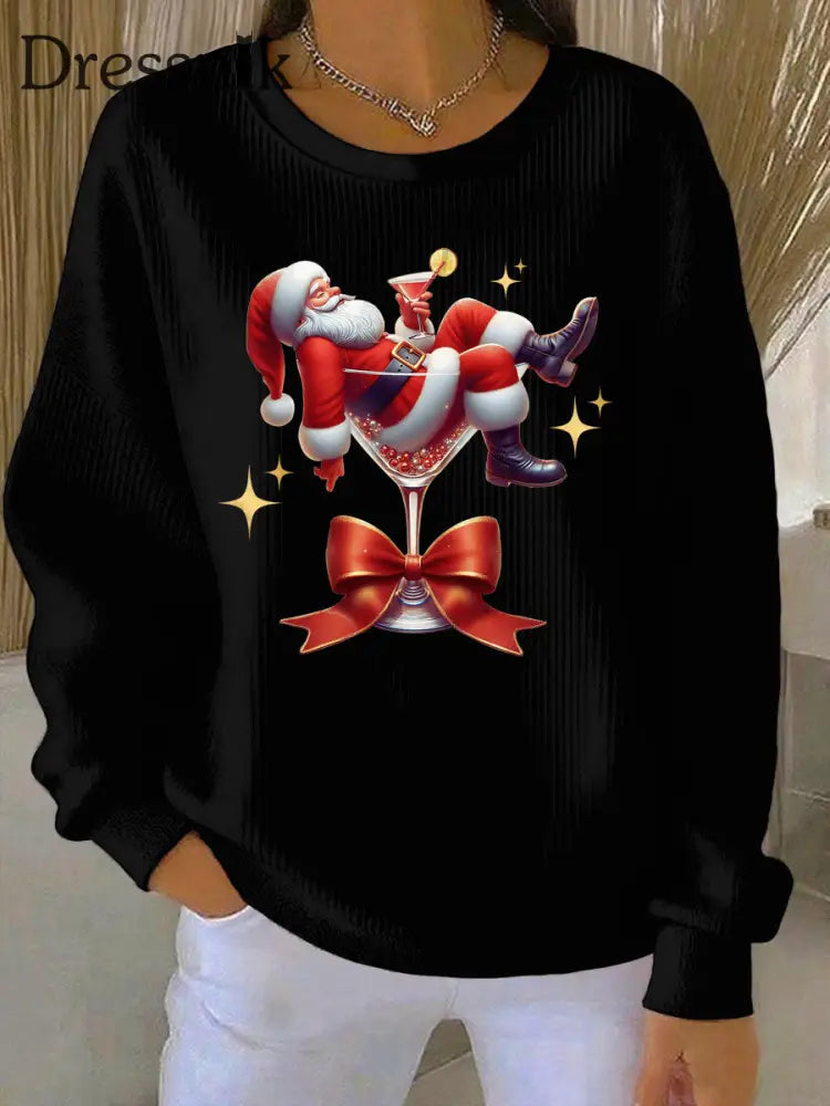 Damen Weihnachts mann und Weinglas Druck Geripptes Rundhals-Sweatshirt Schwarz / S