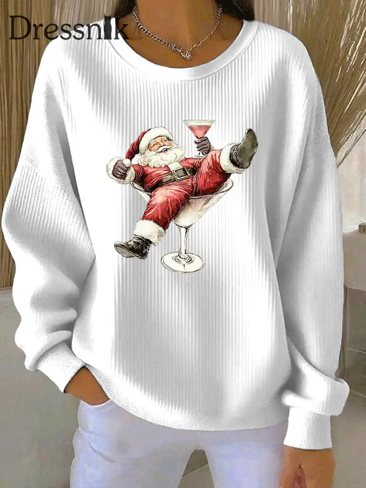 Damen Weihnachts mann und Weinglas Druck Geripptes Rundhals-Sweatshirt Weiß / S