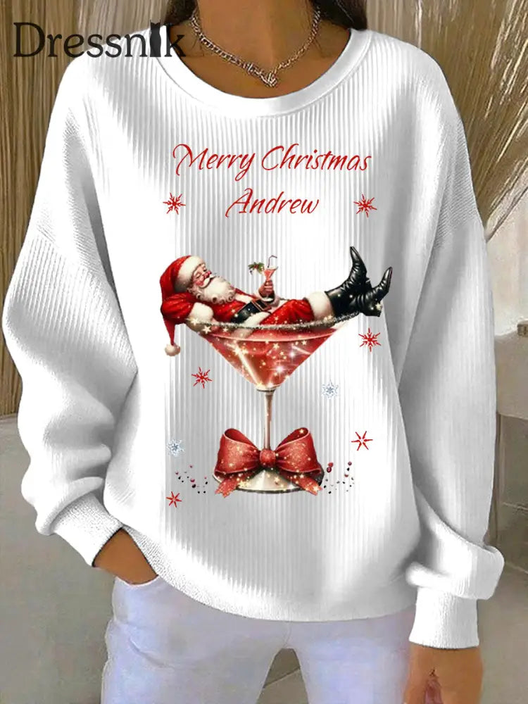 Damen Weihnachts mann und Weinglas Druck Geripptes Rundhals-Sweatshirt Weiß / S