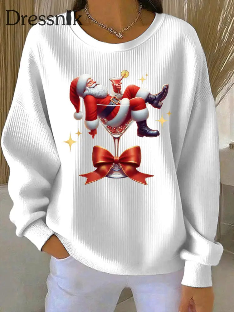 Damen Weihnachts mann und Weinglas Druck Geripptes Rundhals-Sweatshirt Weiß / S