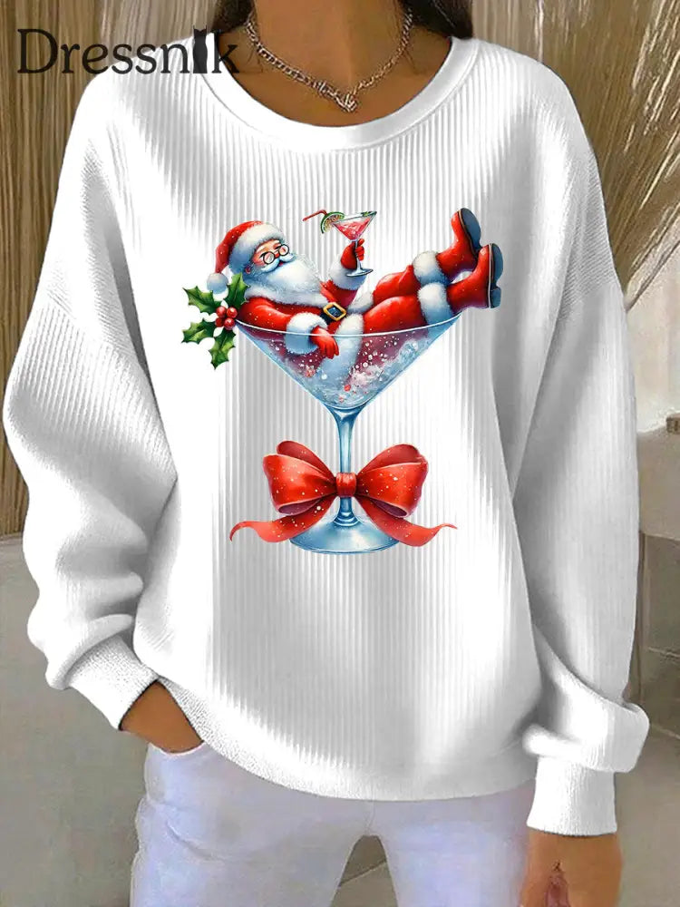 Damen Weihnachts mann und Weinglas Druck Geripptes Rundhals-Sweatshirt Weiß / S