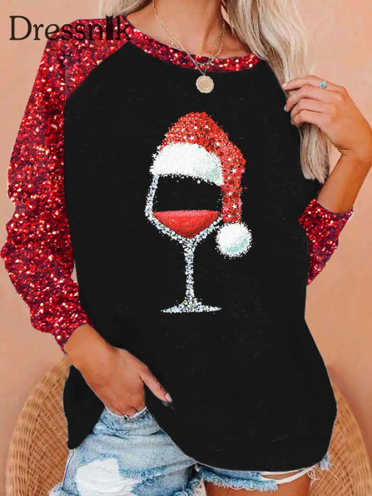 Damen Weihnachts mütze Bedrucktes Sweatshirt mit Raglan ärmeln Schwarz / S