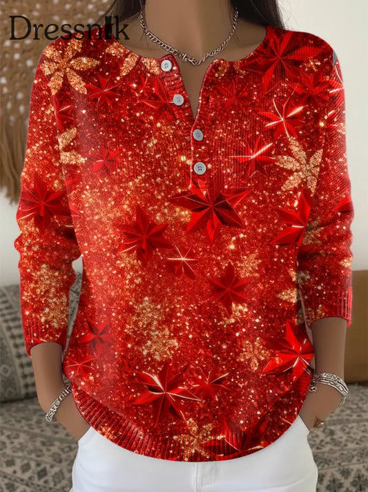 Damen-Weihnachts pullover mit Glitzer druck Rot / S