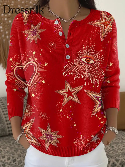 Damen-Weihnachts pullover mit rotem lässiger Henley-Ausschnitt Rot / S