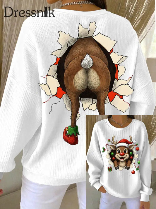 Damen-Weihnachts-Rentier-Sweatshirt mit geripptem Rundhals ausschnitt Weiß / S