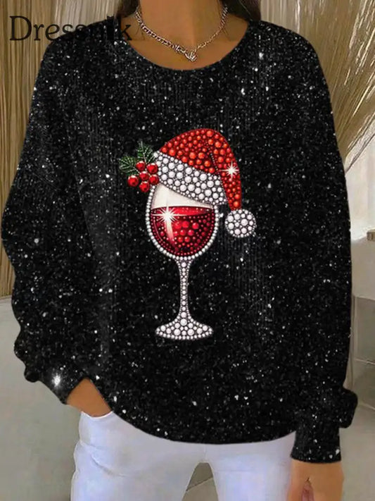 Damen Weihnachts-Rotwein glas Geripptes Rundhals-Sweatshirt Schwarz / S
