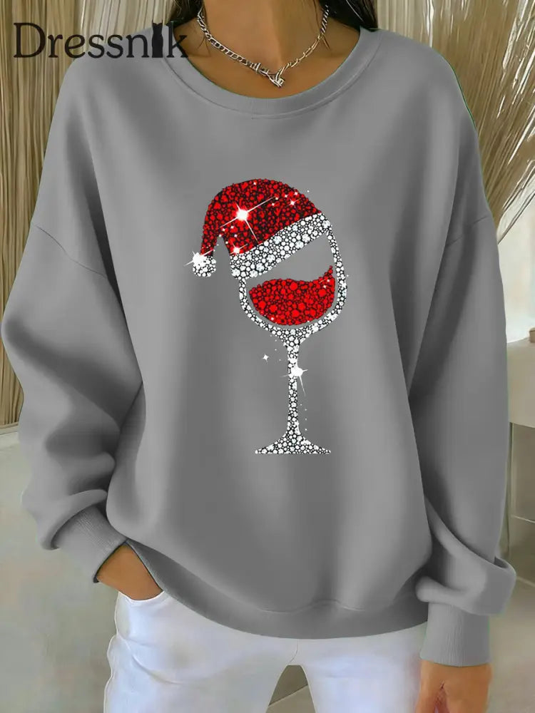Damen Weihnachts-Rotwein-Glas-Print lässig Sweatshirt Hellgrau / S