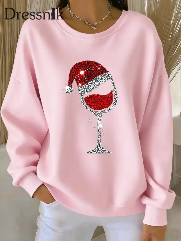 Damen Weihnachts-Rotwein-Glas-Print lässig Sweatshirt Rosa / S