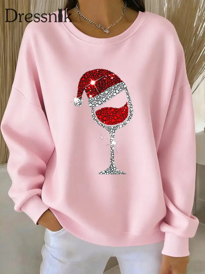 Damen Weihnachts-Rotwein-Glas-Print lässig Sweatshirt Rosa / S