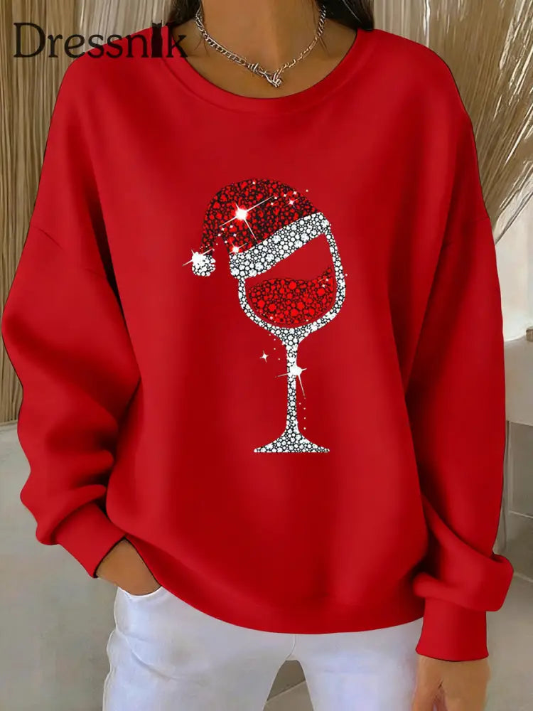 Damen Weihnachts-Rotwein-Glas-Print lässig Sweatshirt Rot / S