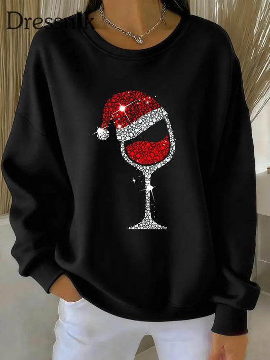 Damen Weihnachts-Rotwein-Glas-Print lässig Sweatshirt Schwarz / S