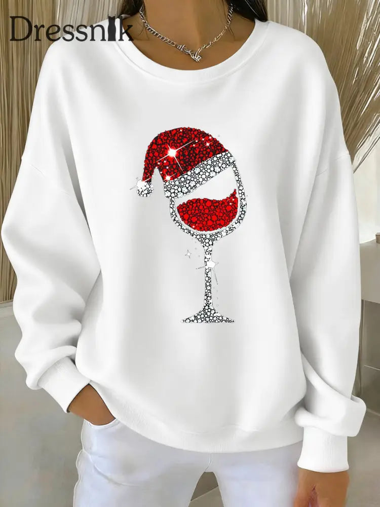 Damen Weihnachts-Rotwein-Glas-Print lässig Sweatshirt Weiß / S