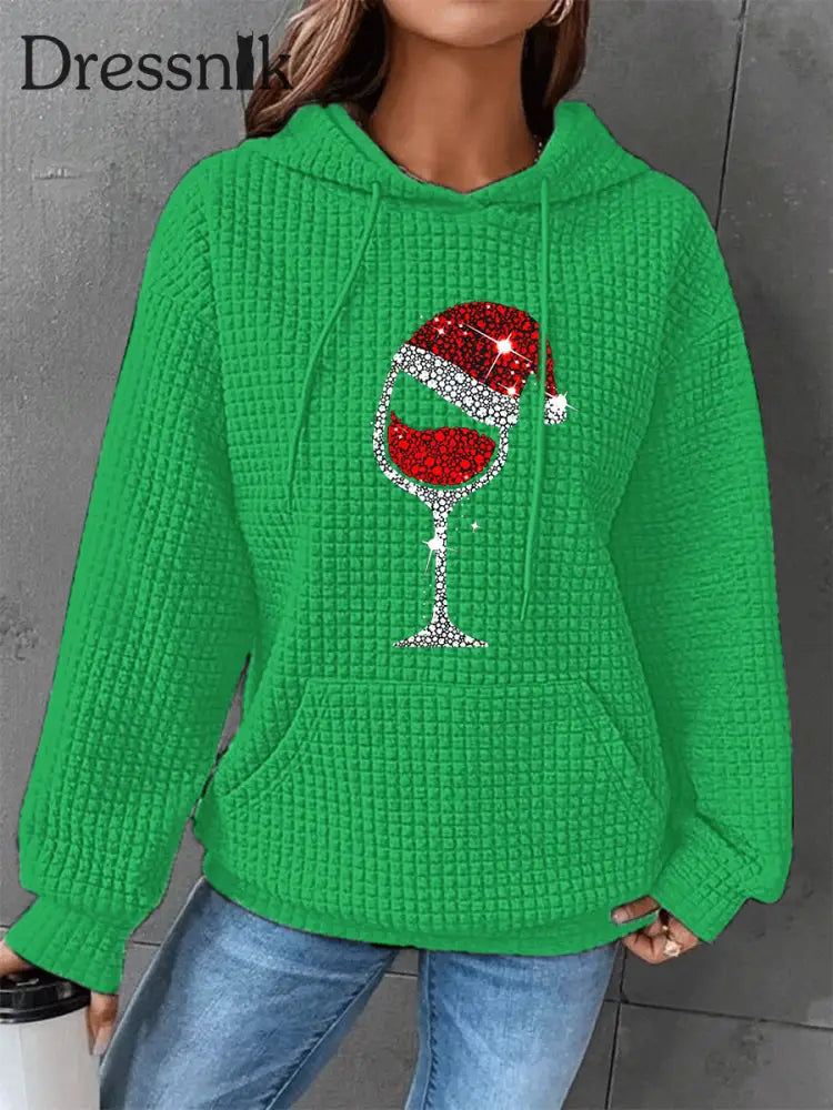 Damen-Weihnachts-Rotwein-Glas-Print-Waffel-Kapuzen pullover Grün / S