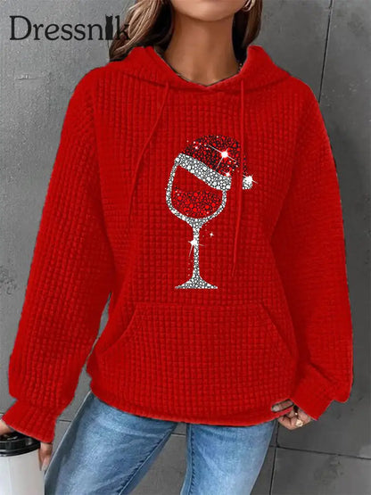 Damen-Weihnachts-Rotwein-Glas-Print-Waffel-Kapuzen pullover Rot / S