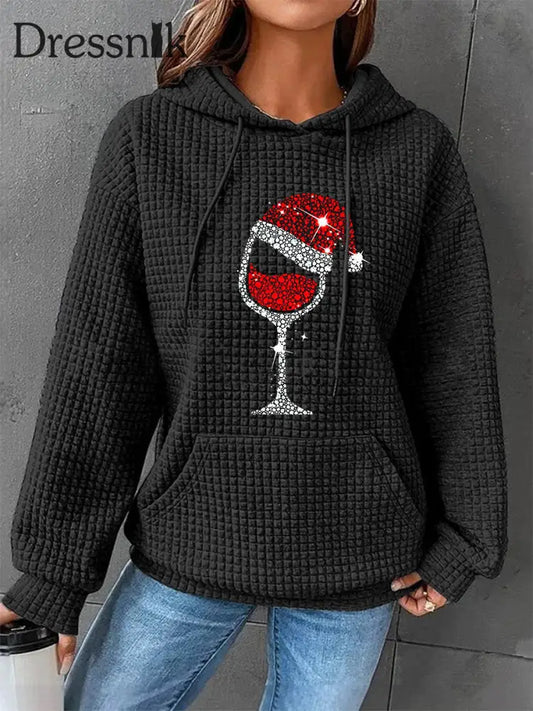 Damen-Weihnachts-Rotwein-Glas-Print-Waffel-Kapuzen pullover Schwarz / S