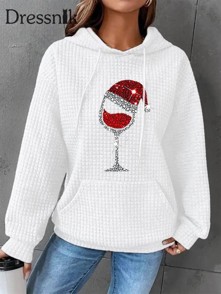 Damen-Weihnachts-Rotwein-Glas-Print-Waffel-Kapuzen pullover Weiß / S